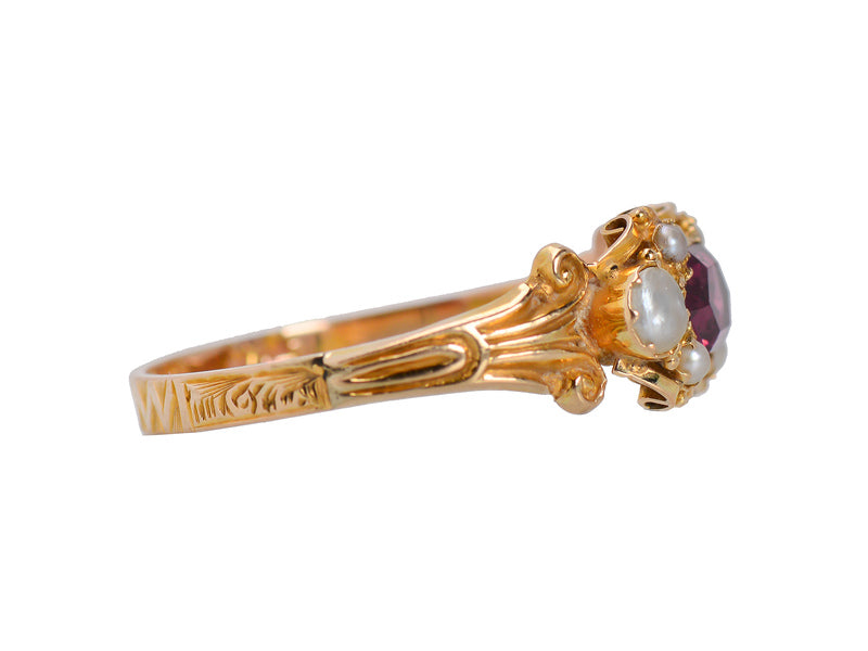 English Almandine Garnet Pearl Ring of 1868