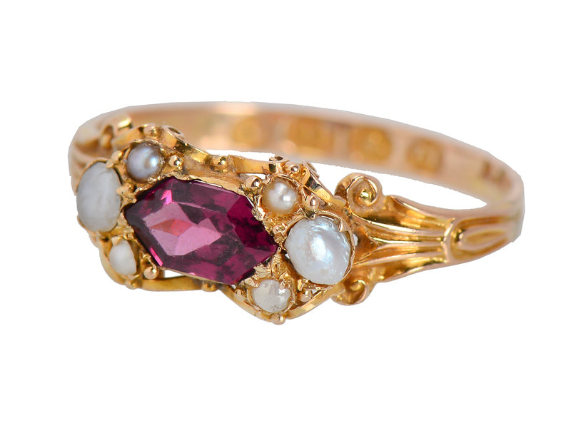 English Almandine Garnet Pearl Ring of 1868
