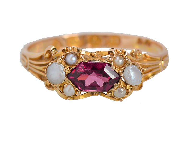 English Almandine Garnet Pearl Ring of 1868