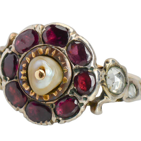 Georgian Garnet Diamond & Natural Pearl Ring