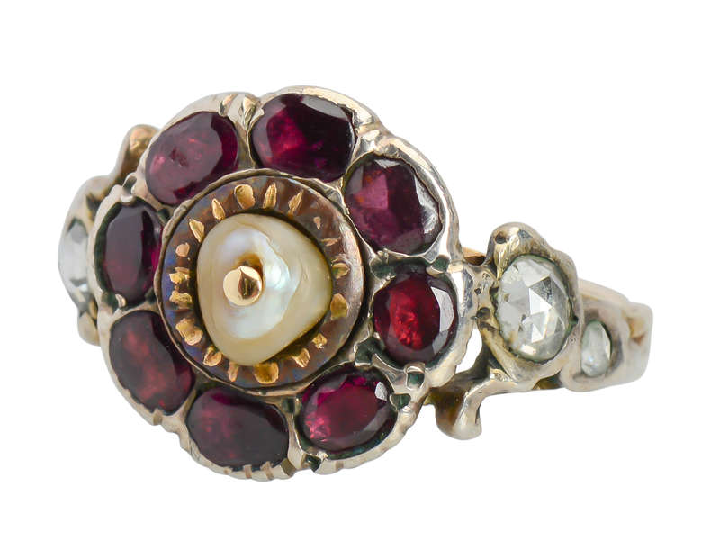 Georgian Garnet Diamond & Natural Pearl Ring
