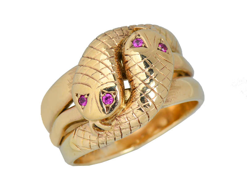 Weighty Double Snake Gold & Ruby Vintage Ring