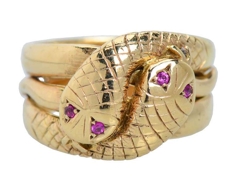 Weighty Double Snake Gold & Ruby Vintage Ring