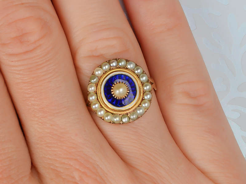 Georgian Blue Enamel Pearl Ring
