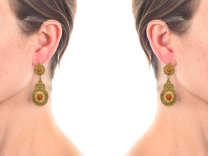 Day Night Coral Filigree Gold Earrings SOLD