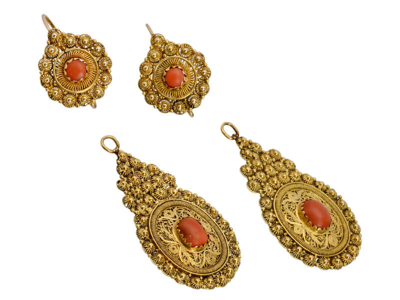 Day Night Coral Filigree Gold Earrings SOLD