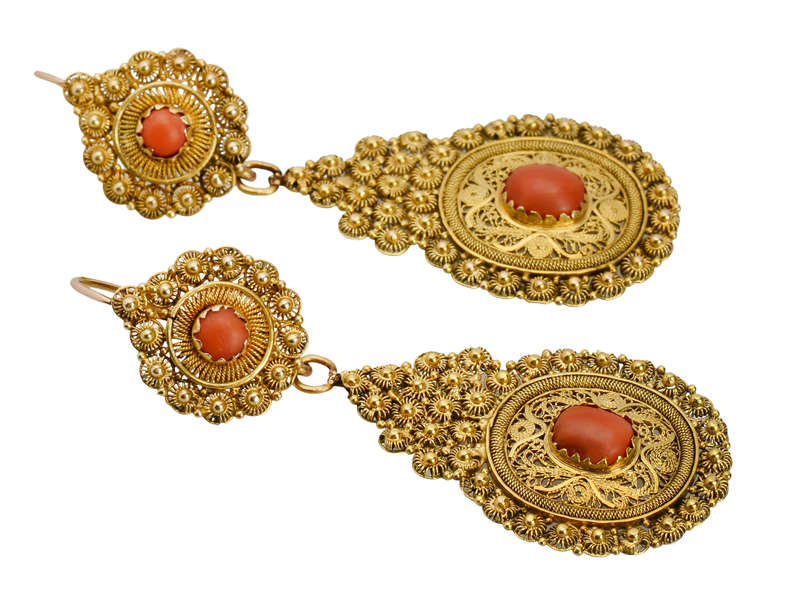 Day Night Coral Filigree Gold Earrings SOLD