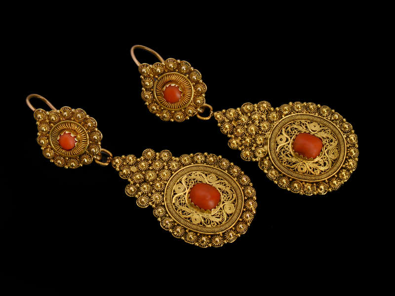 Day Night Coral Filigree Gold Earrings SOLD