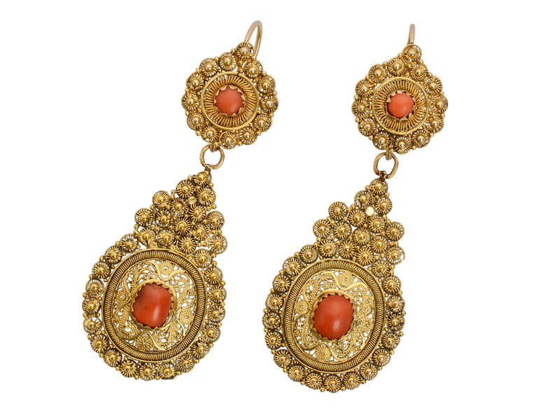 Day Night Coral Filigree Gold Earrings SOLD
