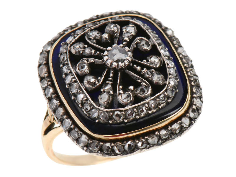 Georgian Enamel Cushion Shaped Diamond Ring