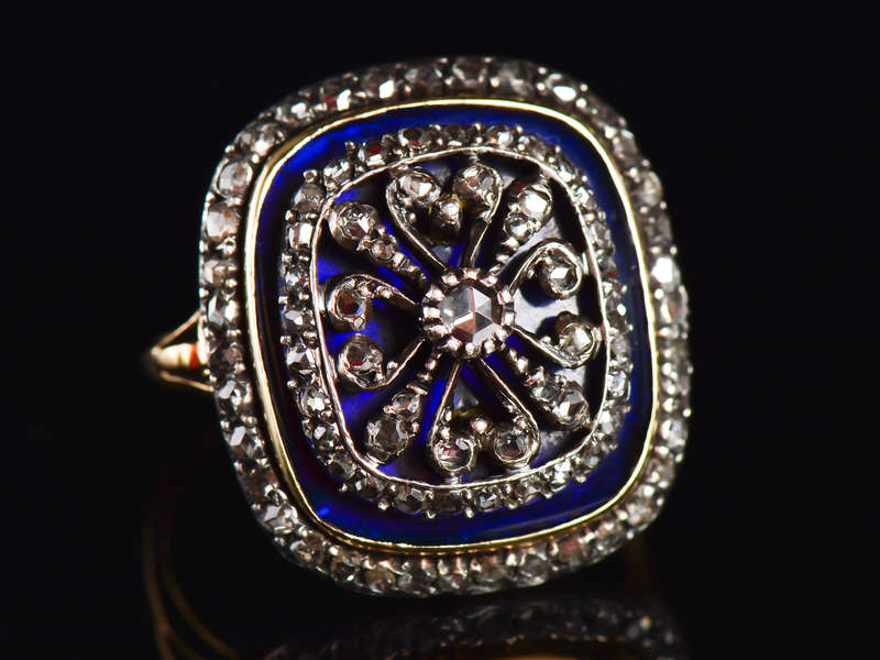 Georgian Enamel Cushion Shaped Diamond Ring