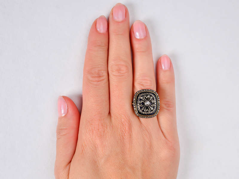 Georgian Enamel Cushion Shaped Diamond Ring