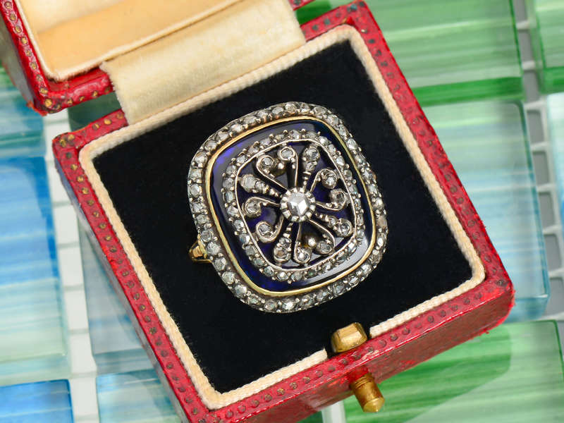 Georgian Enamel Cushion Shaped Diamond Ring