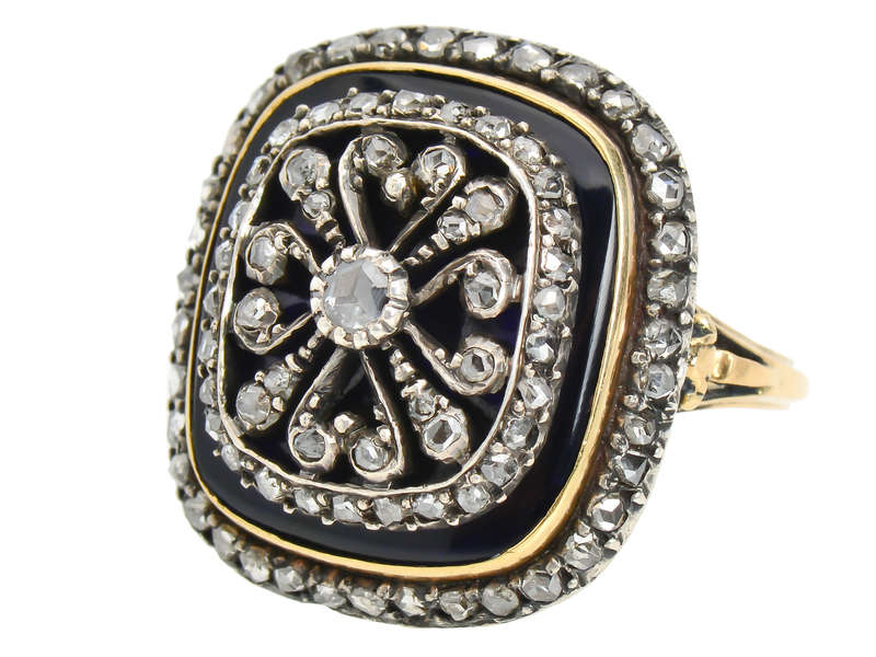 Georgian Enamel Cushion Shaped Diamond Ring
