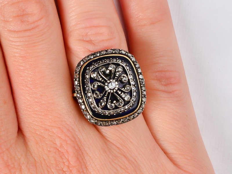 Georgian Enamel Cushion Shaped Diamond Ring