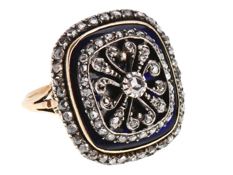 Georgian Enamel Cushion Shaped Diamond Ring