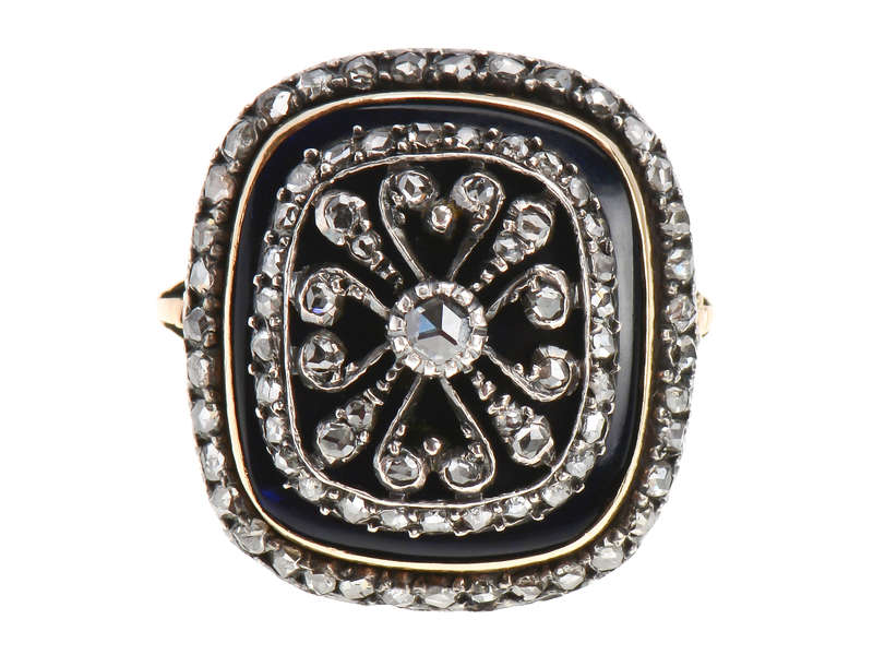 Georgian Enamel Cushion Shaped Diamond Ring
