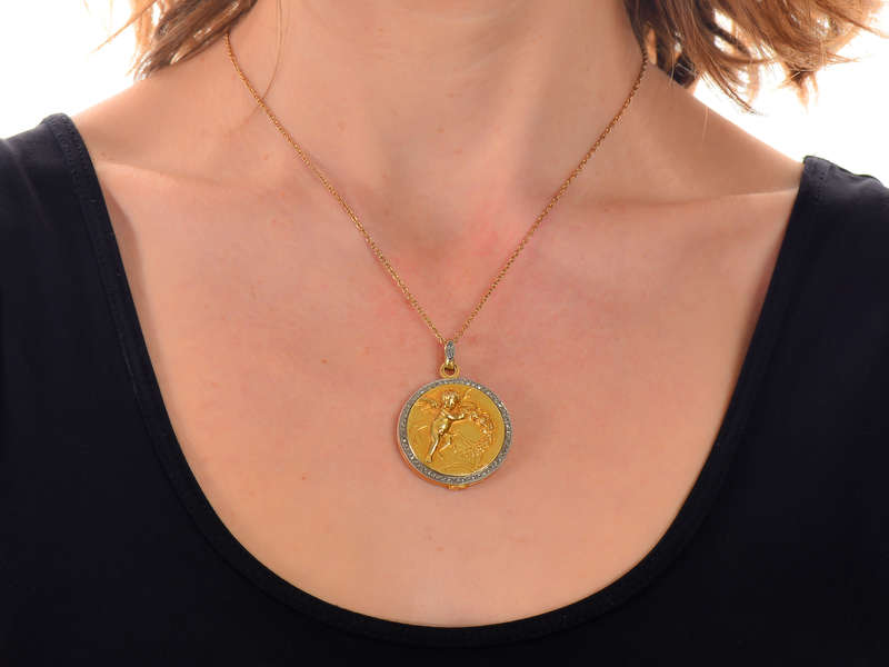 French 18k Gold Diamond Cherub Locket of 1913
