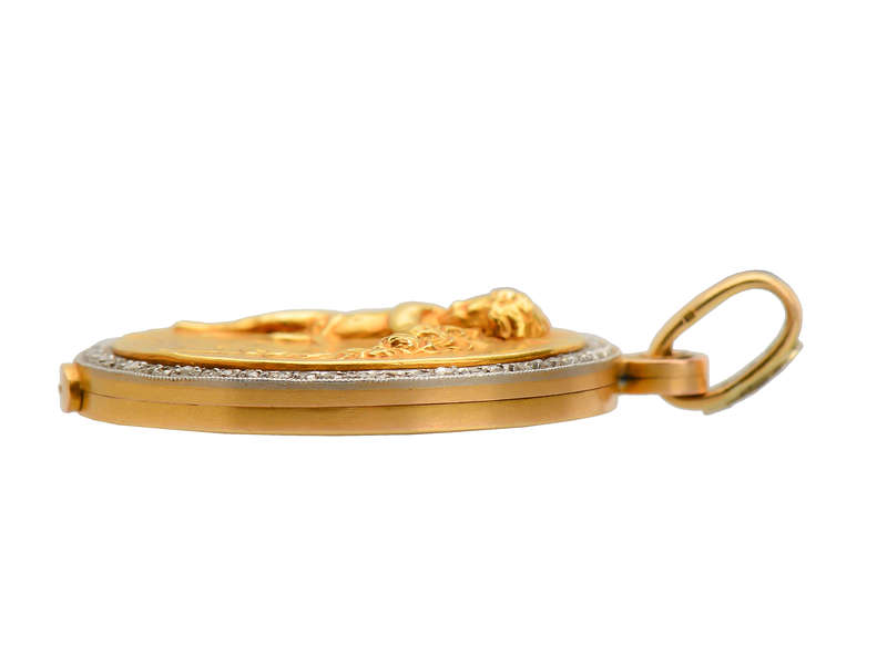 French 18k Gold Diamond Cherub Locket of 1913