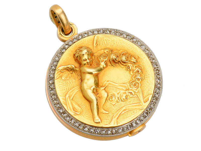 French 18k Gold Diamond Cherub Locket of 1913
