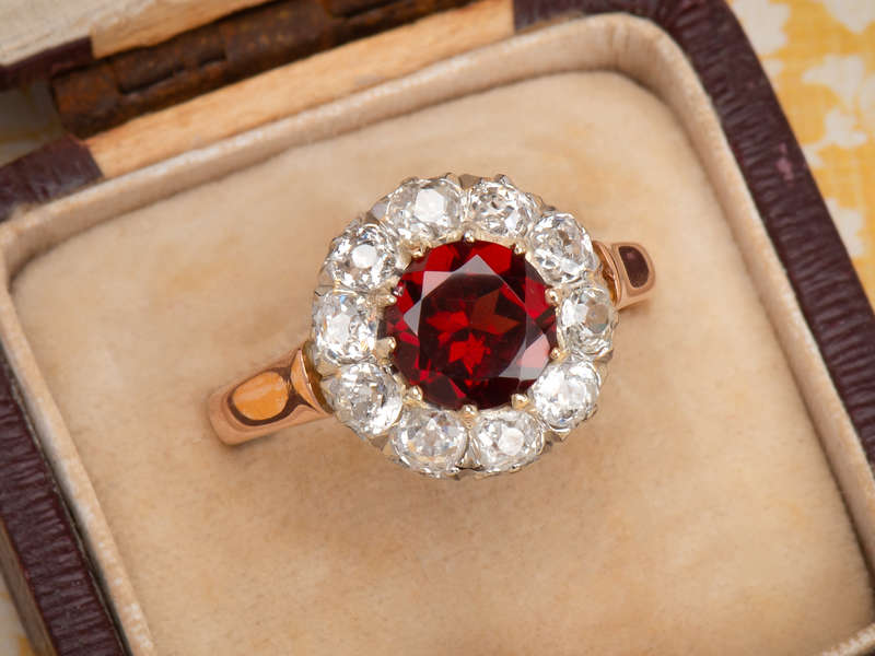 Hessonite Garnet French Diamond Cluster Ring