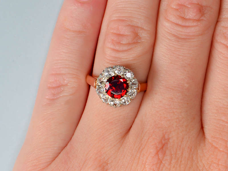 Hessonite Garnet French Diamond Cluster Ring