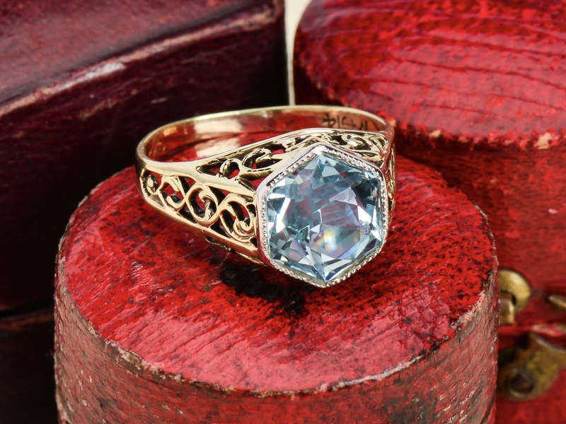 
                      
                        Art Deco Filigree Two Color Aquamarine Ring
                      
                    