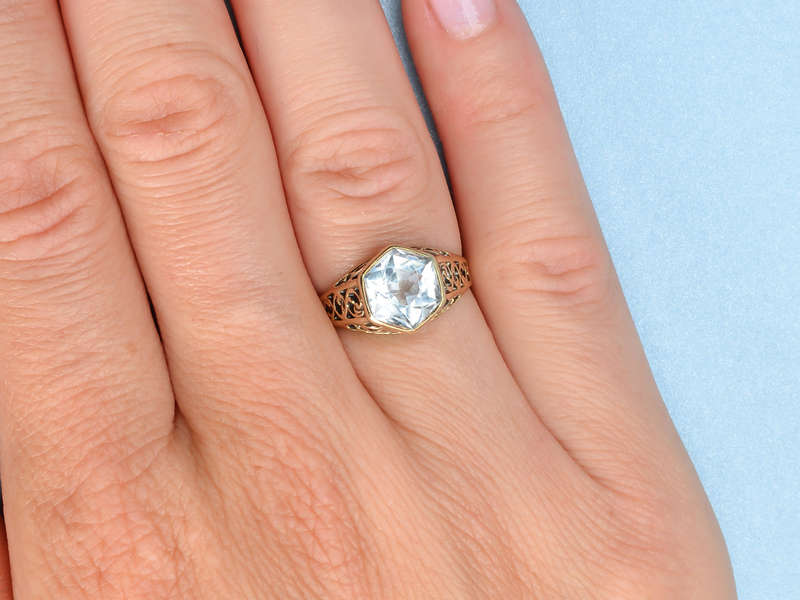 Art Deco Filigree Two Color Aquamarine Ring