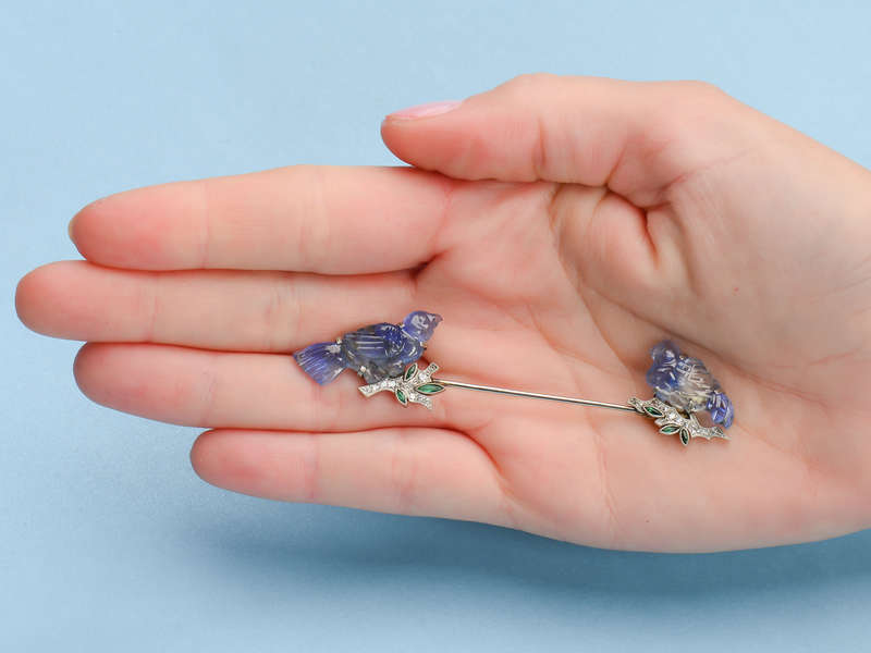 Art Deco Carved Sapphire Bird Motif Jabot Brooch