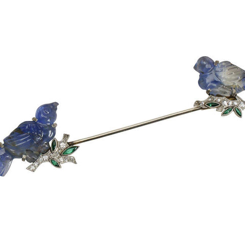 Art Deco Carved Sapphire Bird Motif Jabot Brooch