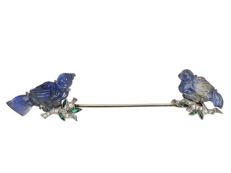 Art Deco Carved Sapphire Bird Motif Jabot Brooch