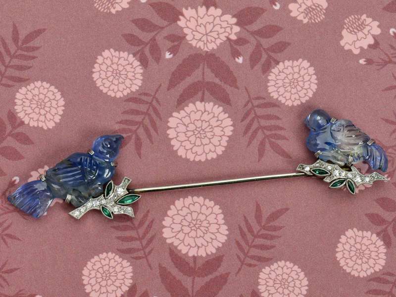 Art Deco Carved Sapphire Bird Motif Jabot Brooch