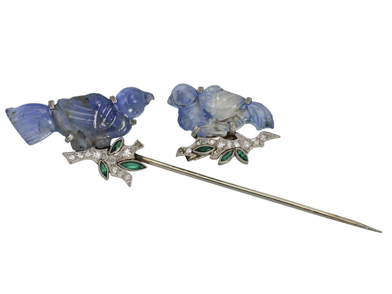 Art Deco Carved Sapphire Bird Motif Jabot Brooch