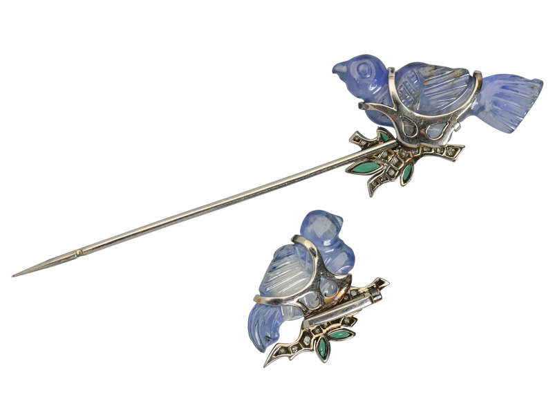 Art Deco Carved Sapphire Bird Motif Jabot Brooch