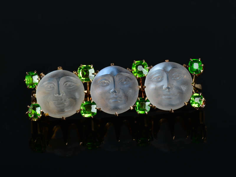 Man in the Moon Moonstone Demantoid Brooch