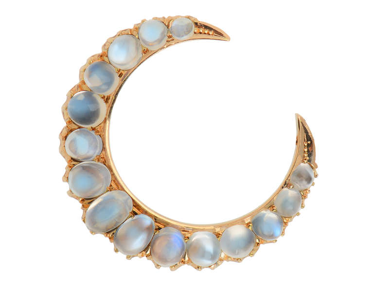 Blue Flash Moonstone Crescent Moon Brooch
