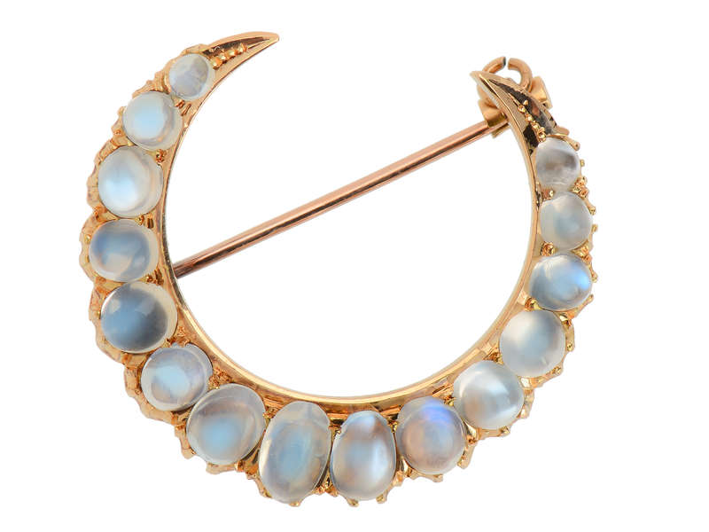 Blue Flash Moonstone Crescent Moon Brooch