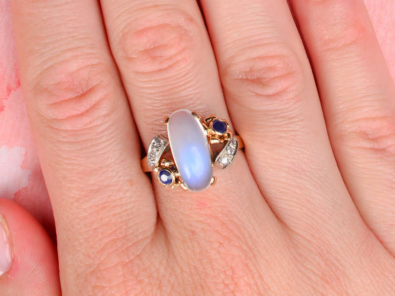Vintage Blue Moonstone Sapphire Diamond Ring
