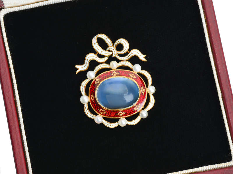 
                      
                        Fine Moonstone Enamel Brooch with Provenance of 1864
                      
                    