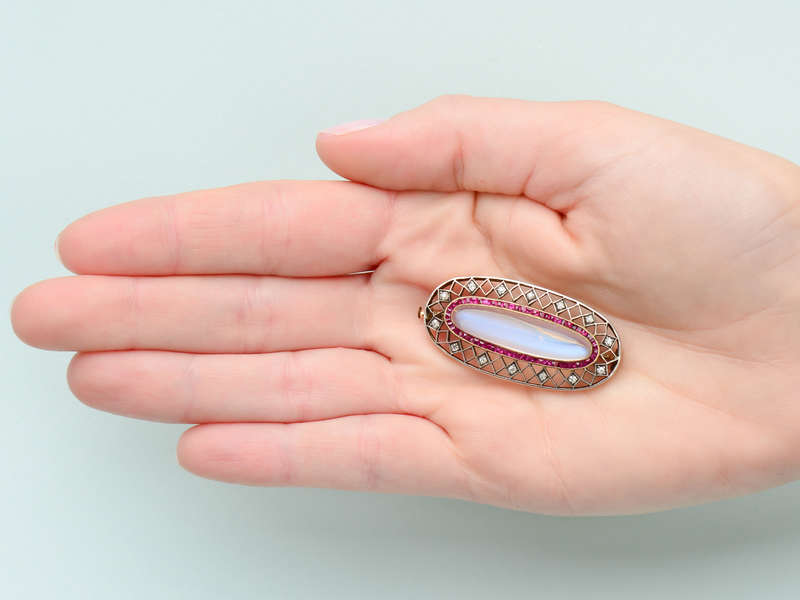 Edwardian Moonstone Ruby Diamond Brooch
