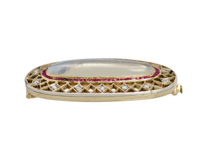 Edwardian Moonstone Ruby Diamond Brooch