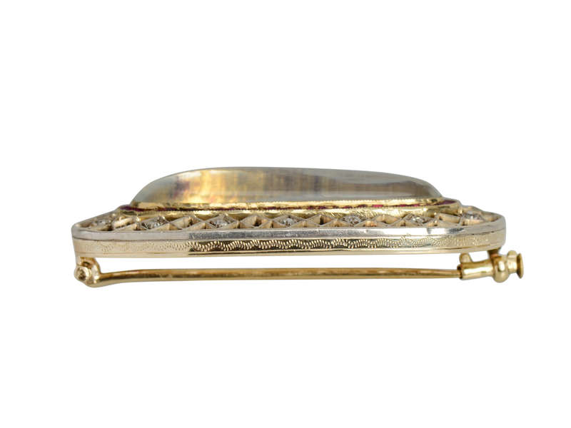 Edwardian Moonstone Ruby Diamond Brooch