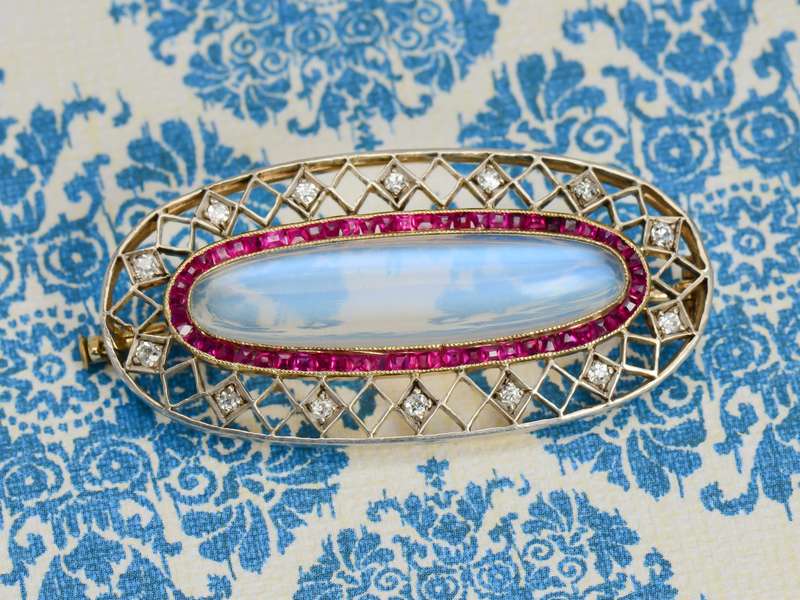 Edwardian Moonstone Ruby Diamond Brooch