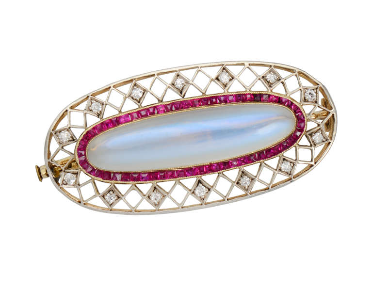 Edwardian Moonstone Ruby Diamond Brooch