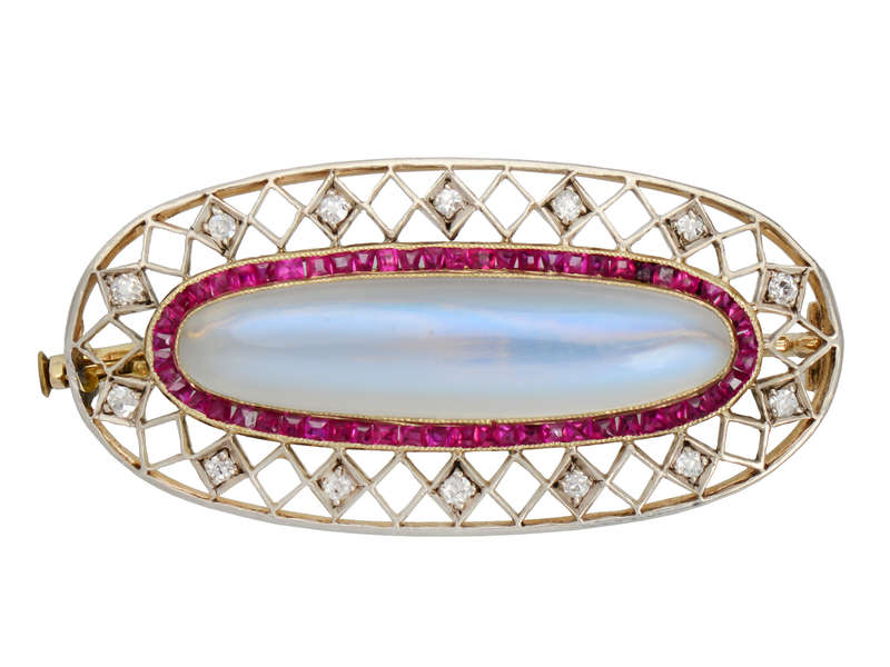 Edwardian Moonstone Ruby Diamond Brooch