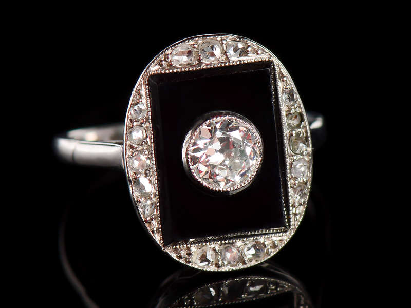 French Onyx Diamond Art Deco Ring