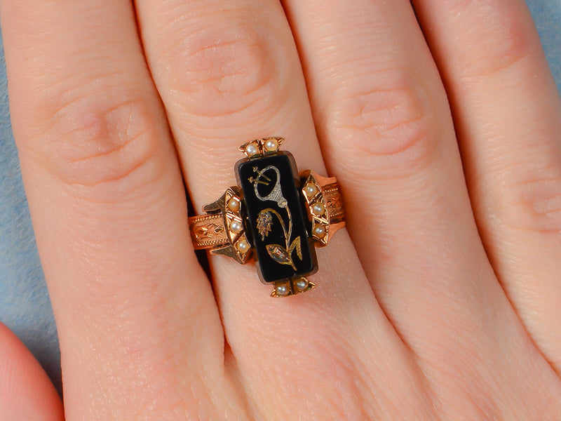 Victorian Onyx Pearl Diamond Ring