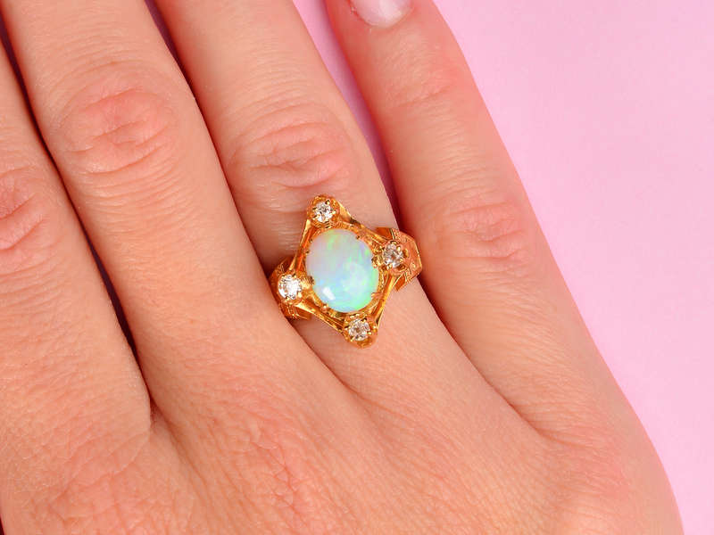 Victorian Antique Opal Four Diamond Ring