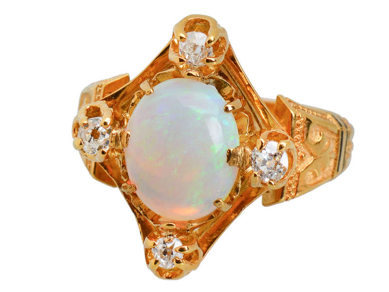 Victorian Antique Opal Four Diamond Ring