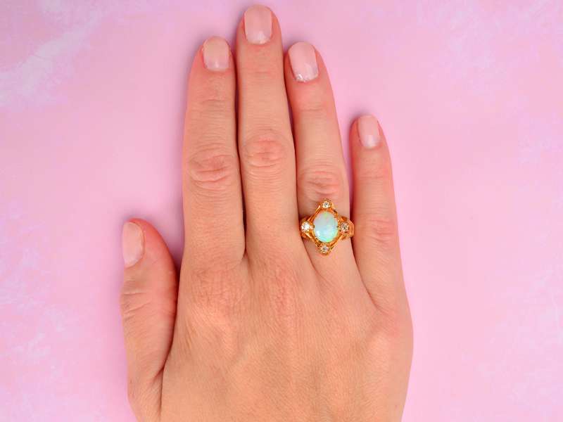 Victorian Antique Opal Four Diamond Ring